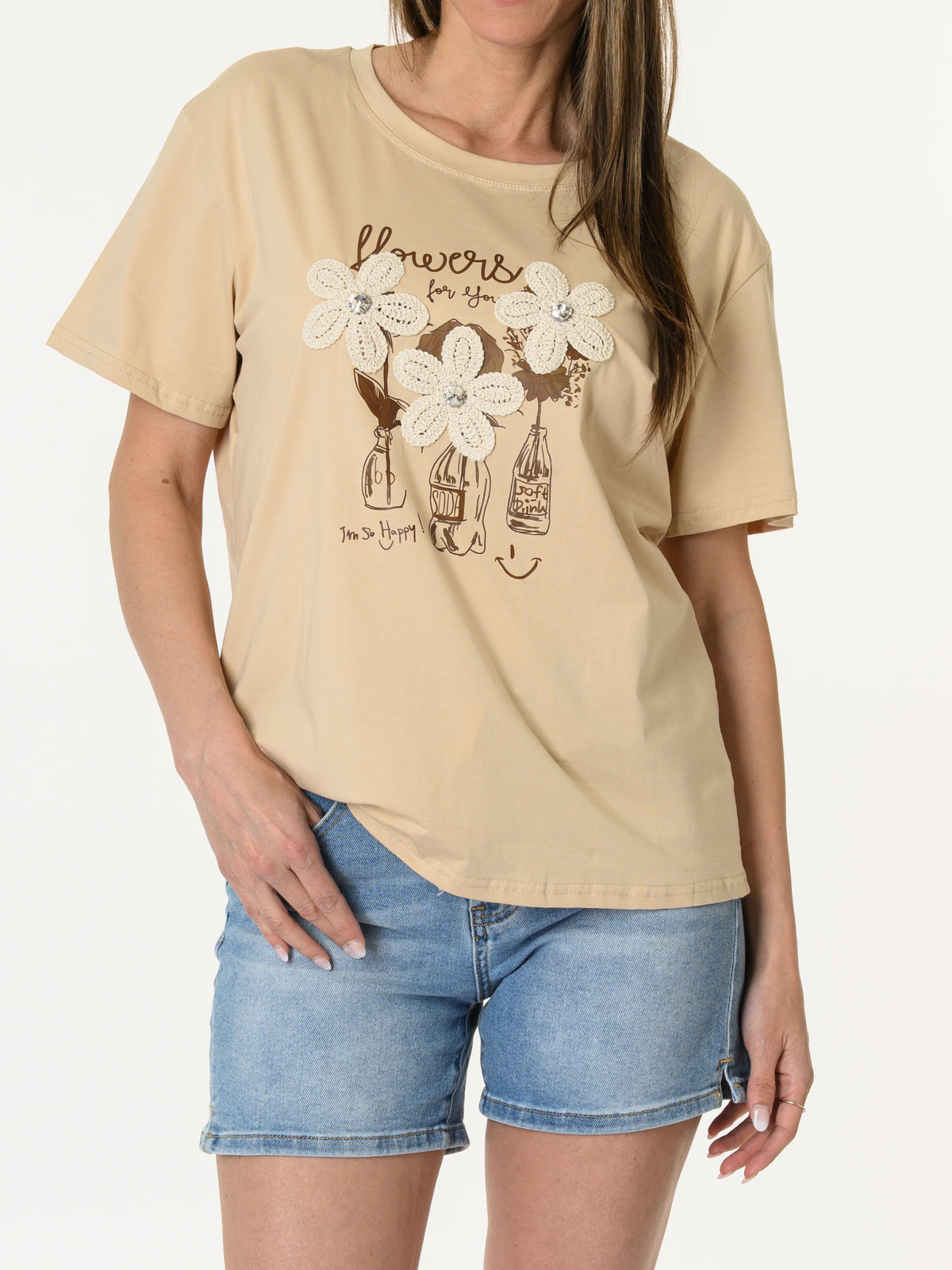 T-shirt beige avec trois fleurs brodés
