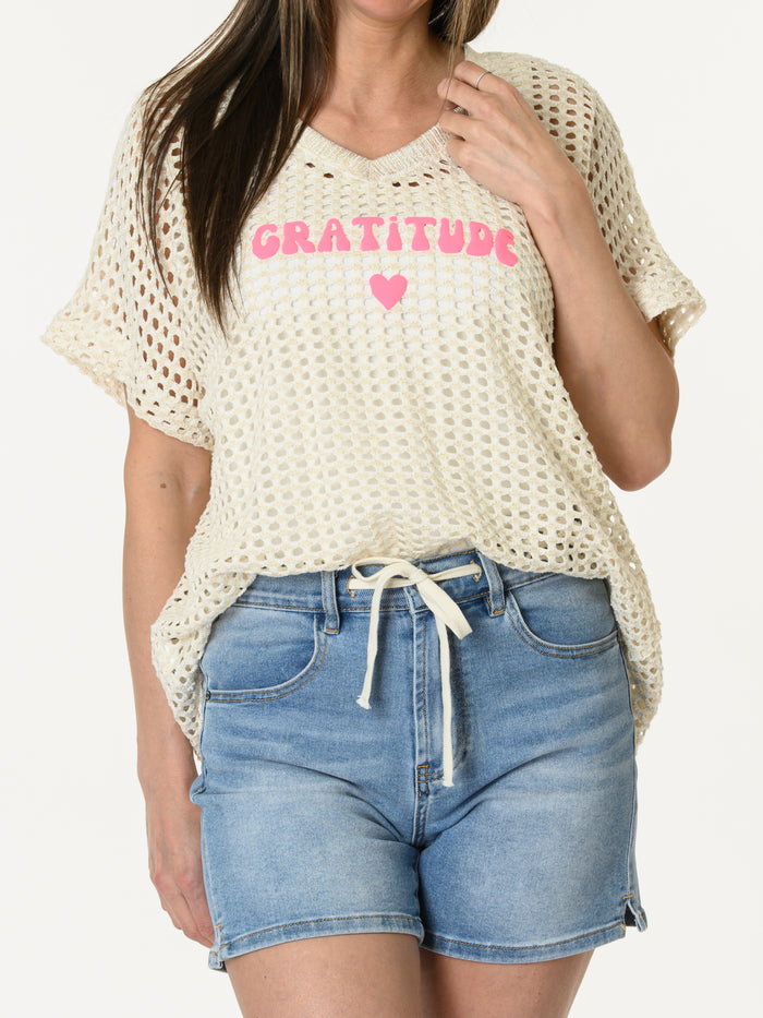 T-shirt beige en mailles ''Gratitude''