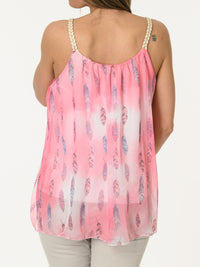 Camisole rose avec imprimé de plumes bleu et rose