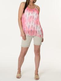 Camisole rose avec imprimé de plumes bleu et rose