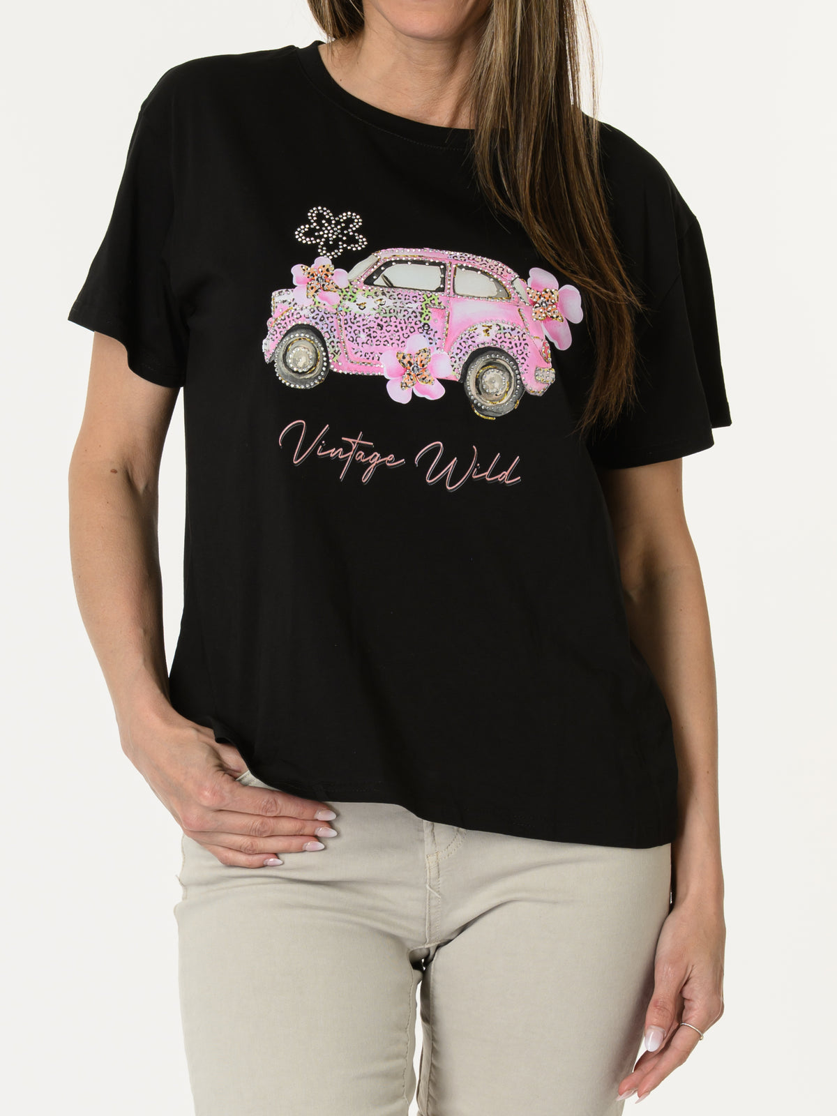 Nouveautés - T-shirt noir avec beetle rose