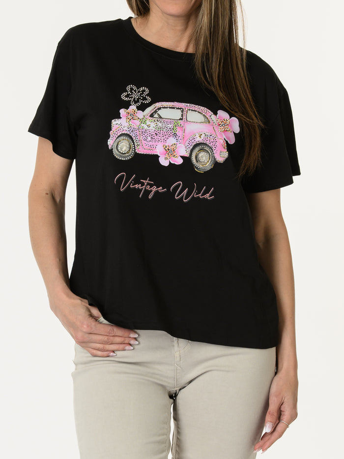 Nouveautés - T-shirt noir avec beetle rose