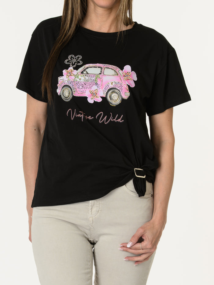 Nouveautés - T-shirt noir avec beetle rose
