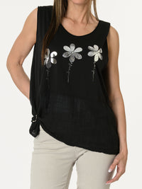 Camisole noire à motifs de fleurs argentées
