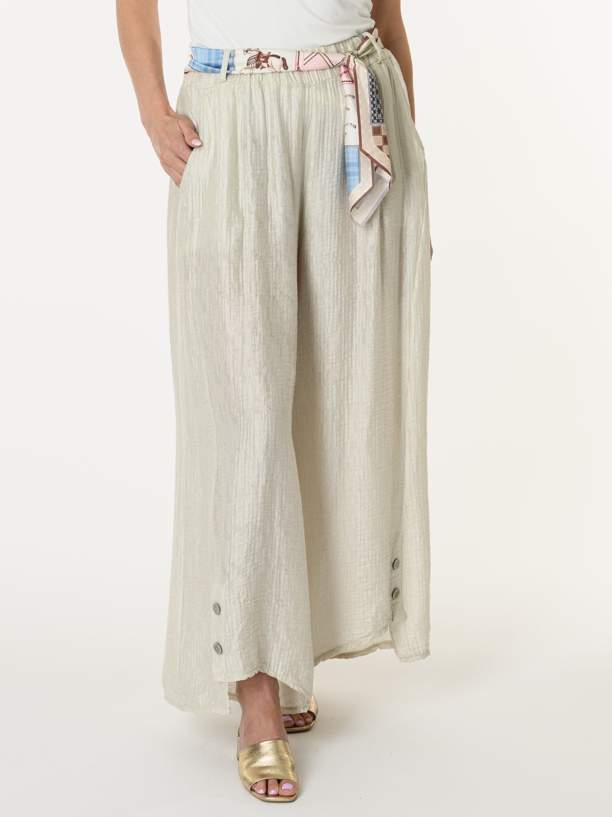 Pantalon palazzo beige avec ceinture