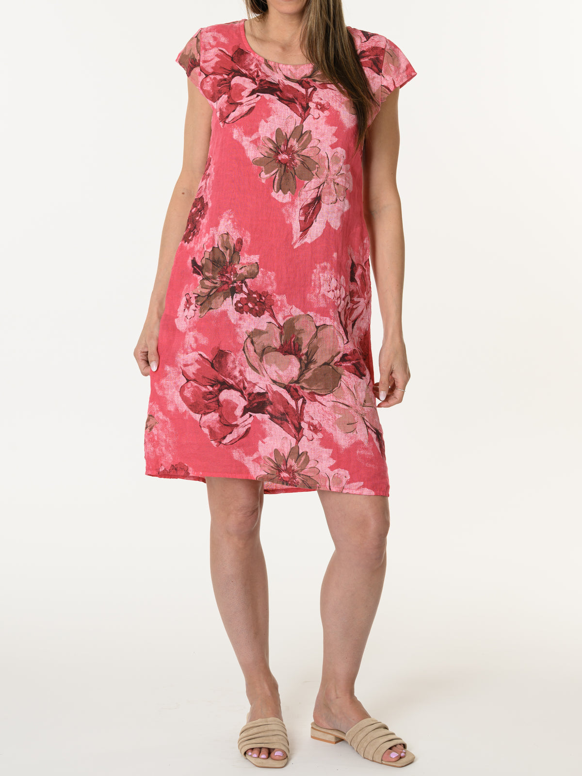 Robe couleur melon d'eau avec imprimé de grandes fleurs
