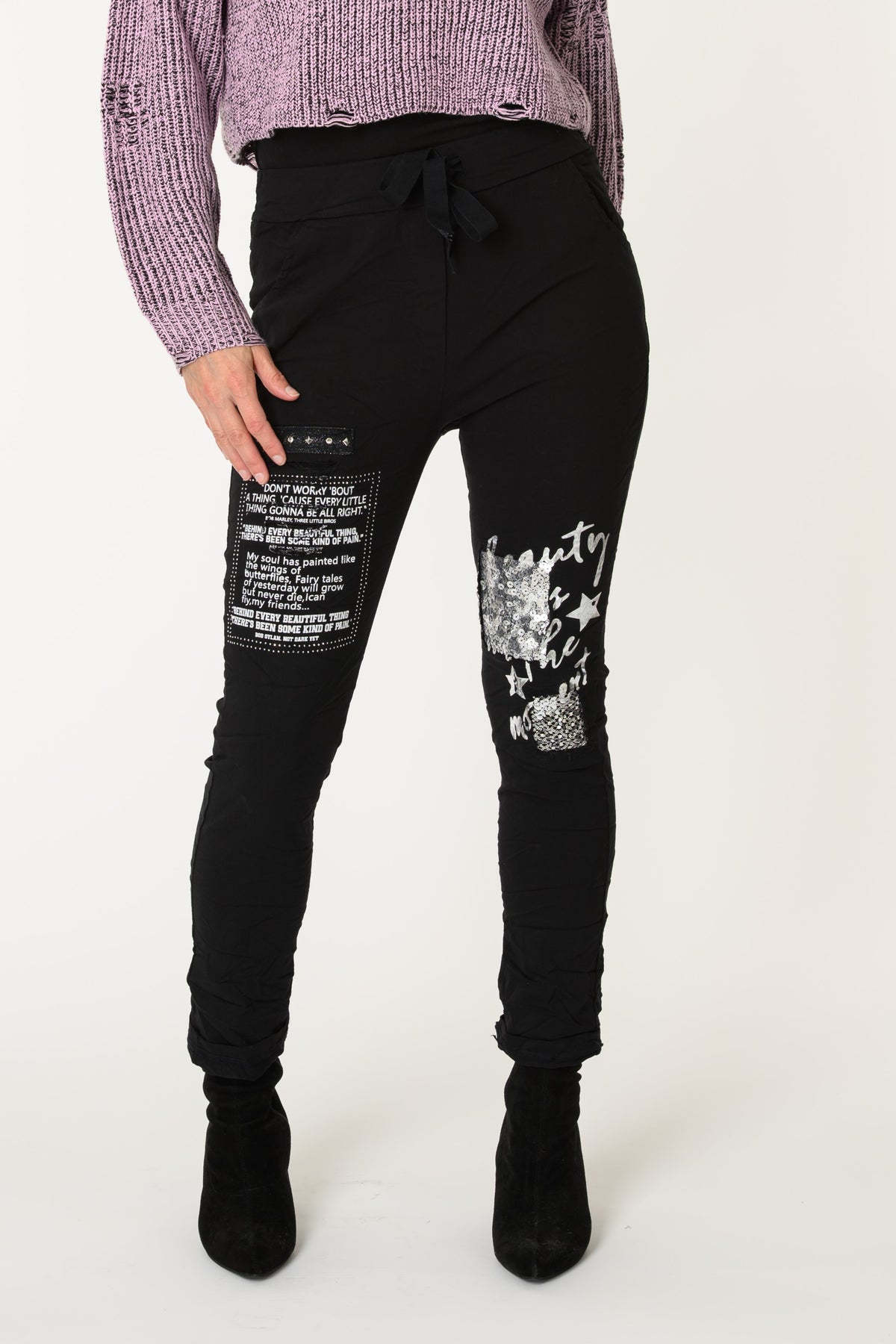 Pantalon noir patchwork à taille élastique