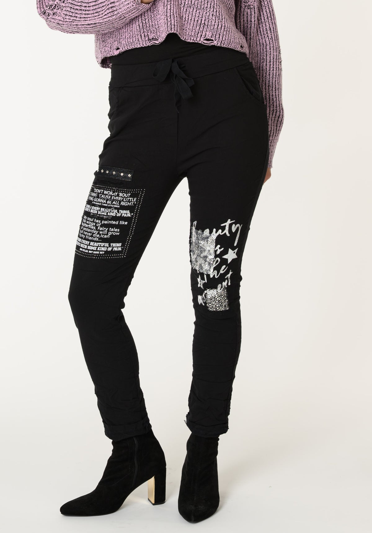 Pantalon noir patchwork à taille élastique