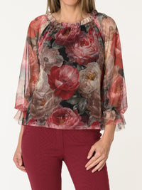 Blouse en tulle avec imprimé floral et manches à volants