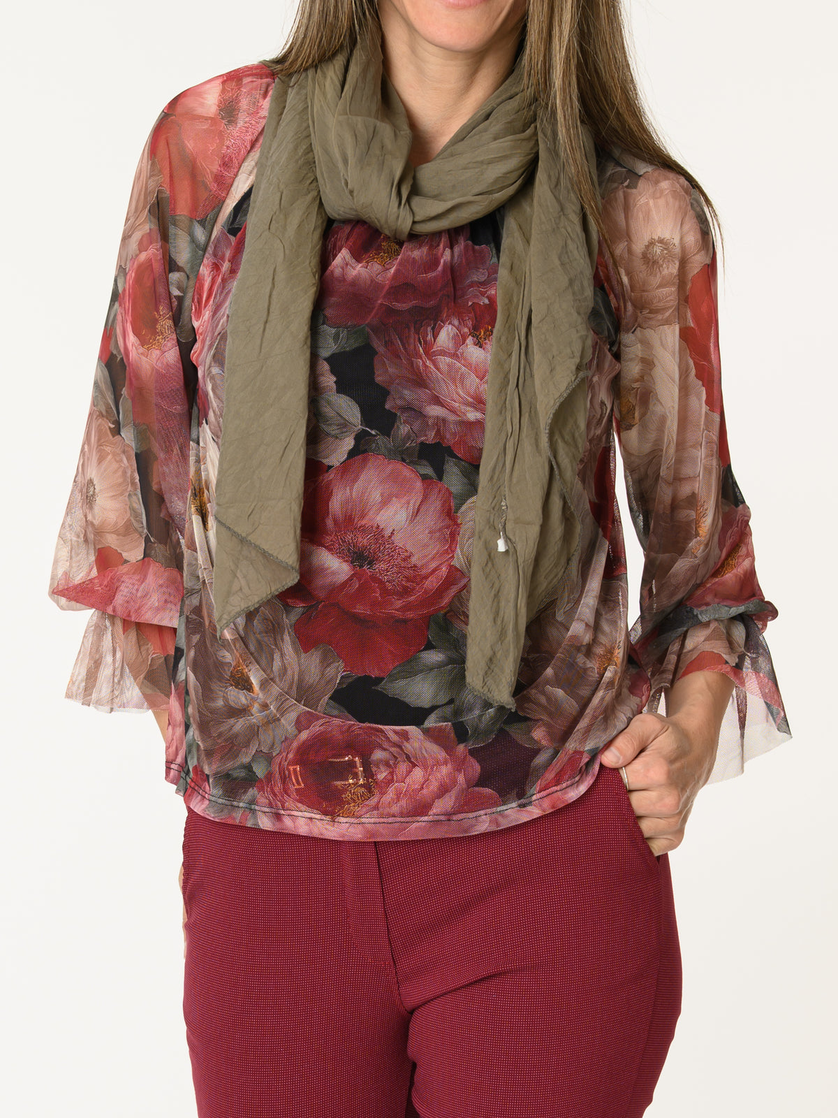 Blouse en tulle avec imprimé floral et manches à volants