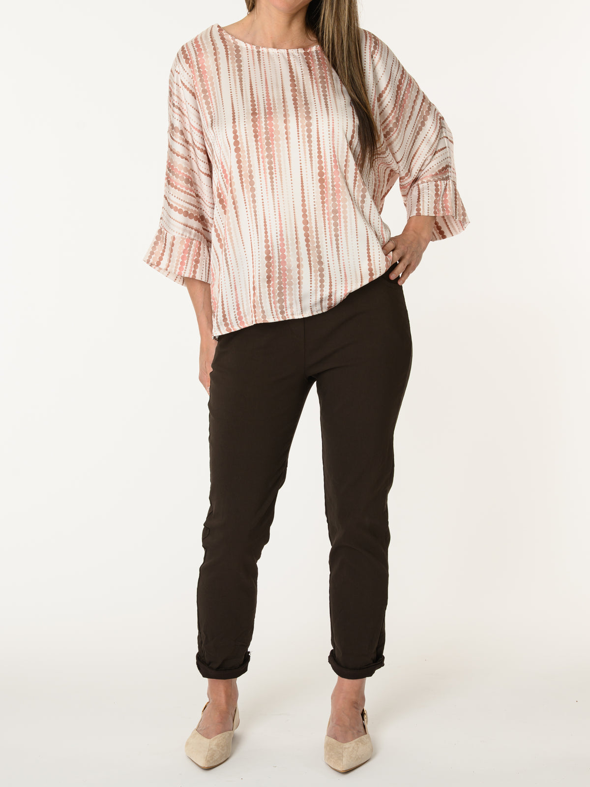 New - Blouse blanc crème avec imprimé brun et rose