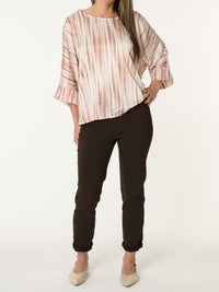 New - Blouse blanc crème avec imprimé brun et rose
