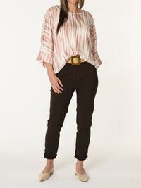 New - Blouse blanc crème avec imprimé brun et rose