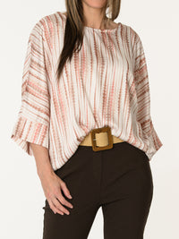 New - Blouse blanc crème avec imprimé brun et rose