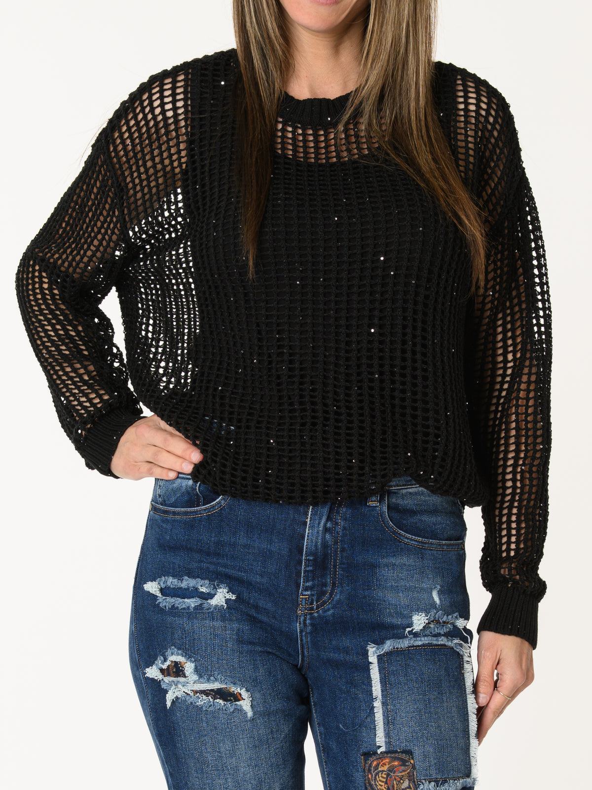 Chandail noir en mailles avec paillettes