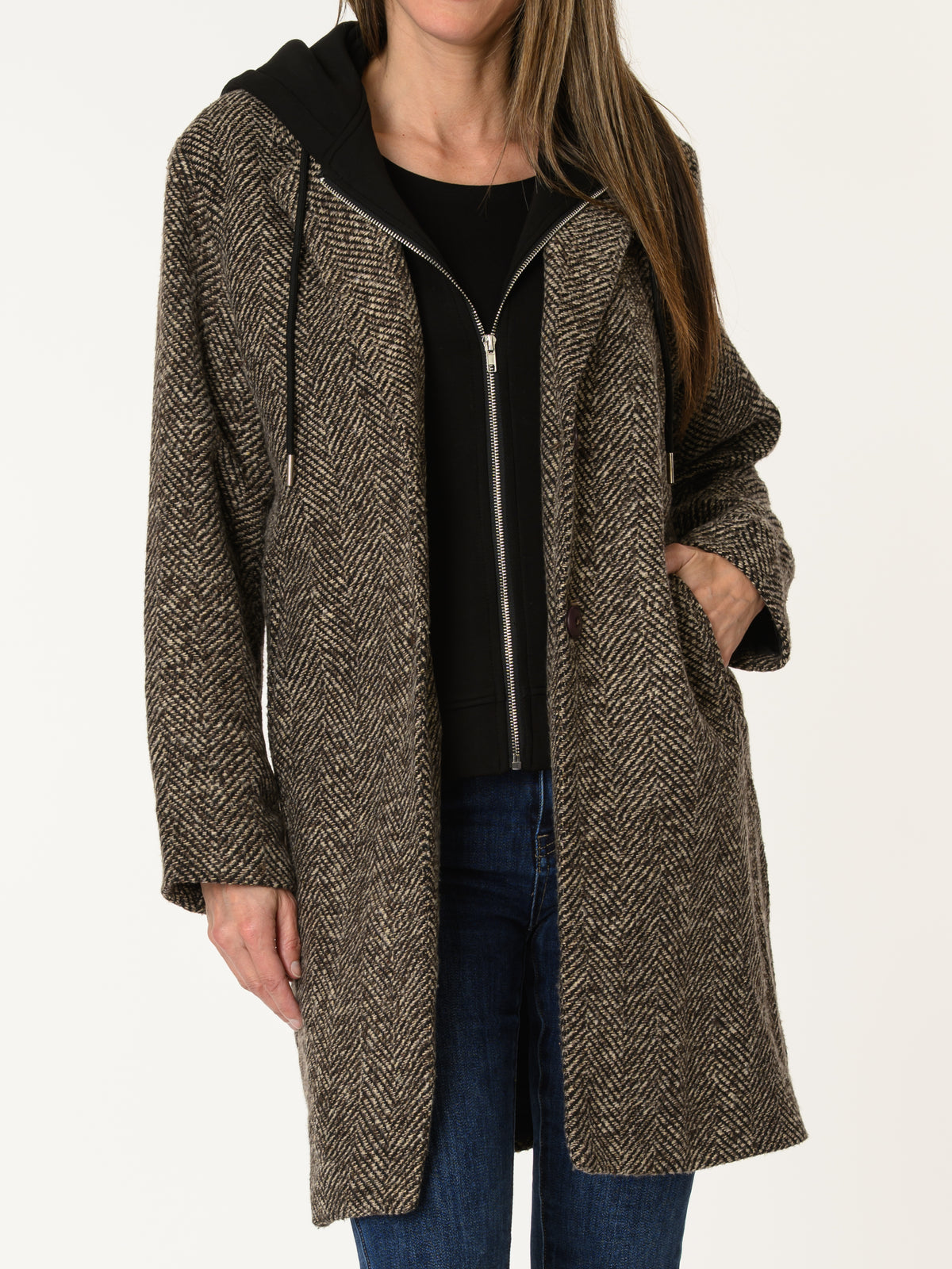 Manteau texturé beige, brun et noir