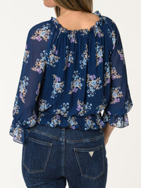 Blouse marine aux motifs floraux multicolores