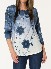 Chandail bleu et blanc à imprimé floral bleu