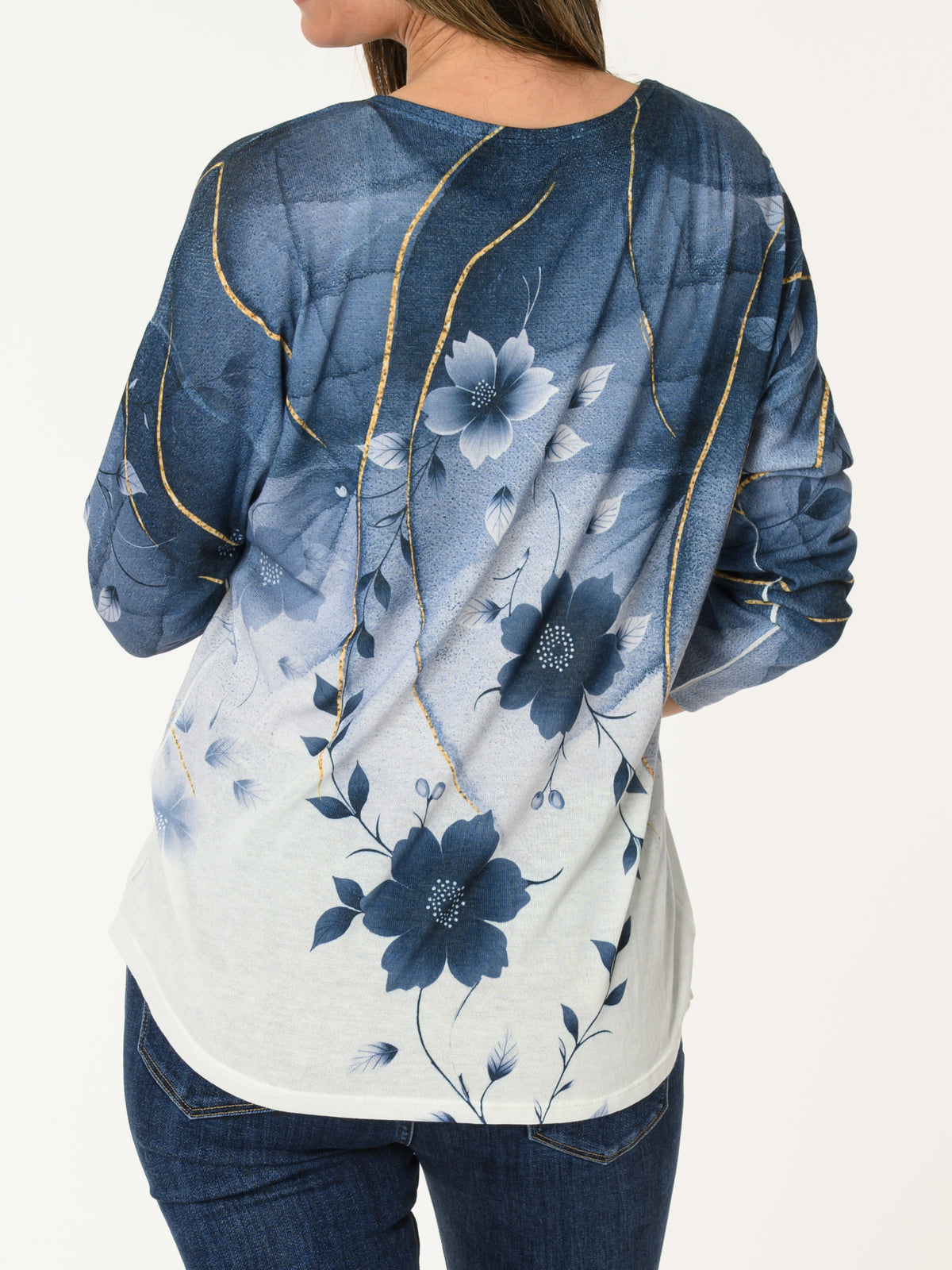 Chandail bleu et blanc à imprimé floral bleu