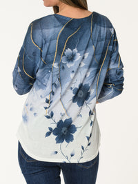 Chandail bleu et blanc à imprimé floral bleu