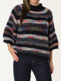 New - Chandail marine en tricot à rayures multicolores