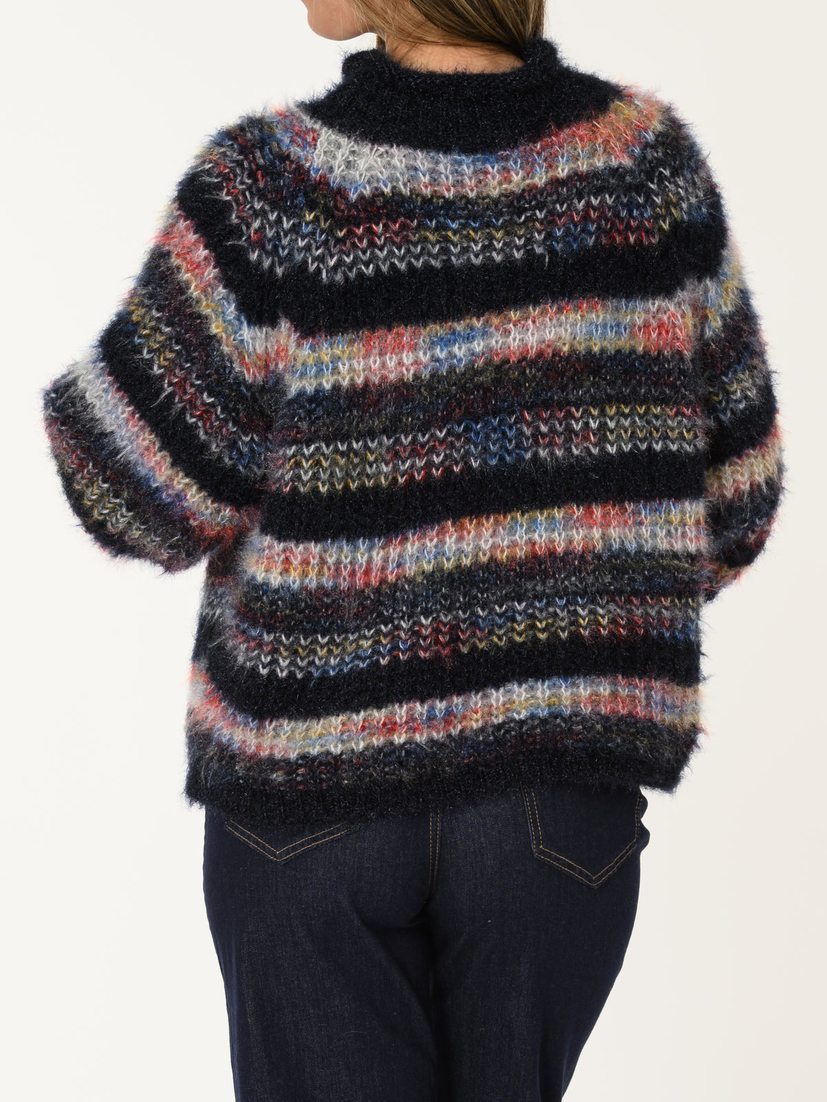 New - Chandail marine en tricot à rayures multicolores