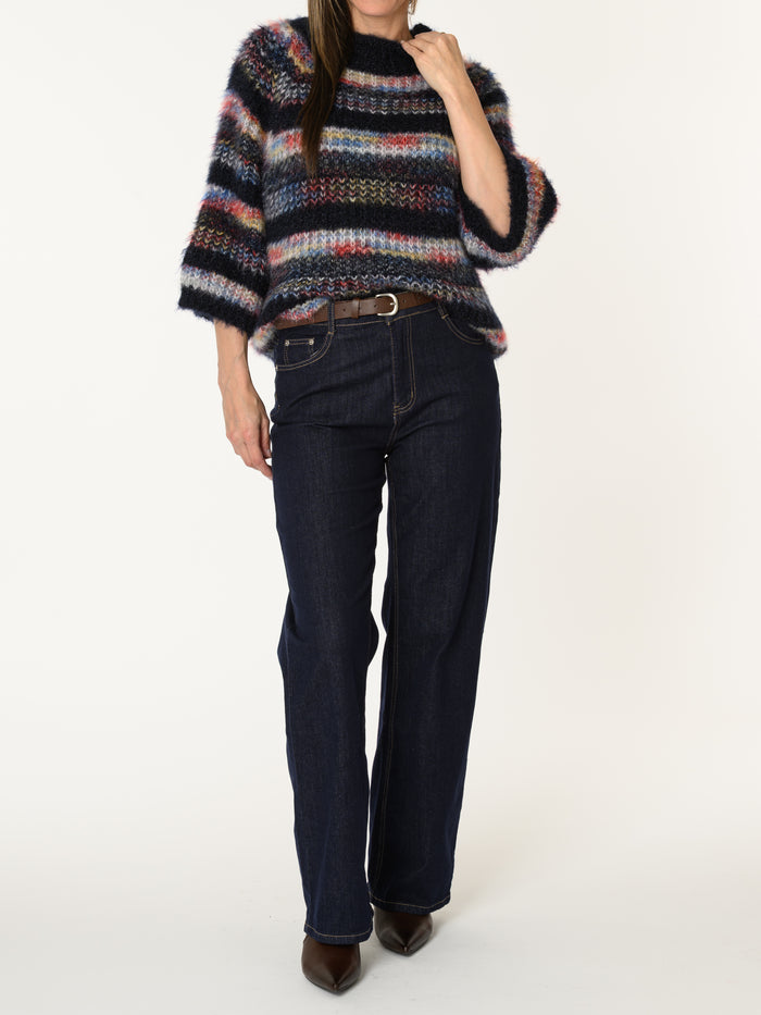 New - Chandail marine en tricot à rayures multicolores
