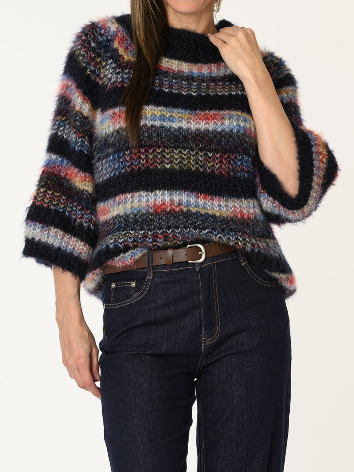 New - Chandail marine en tricot à rayures multicolores
