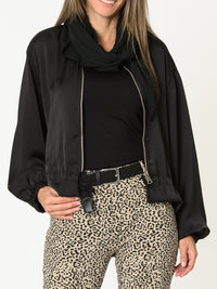 Veste bomber pour femme noire avec glissière et poignets côtelés