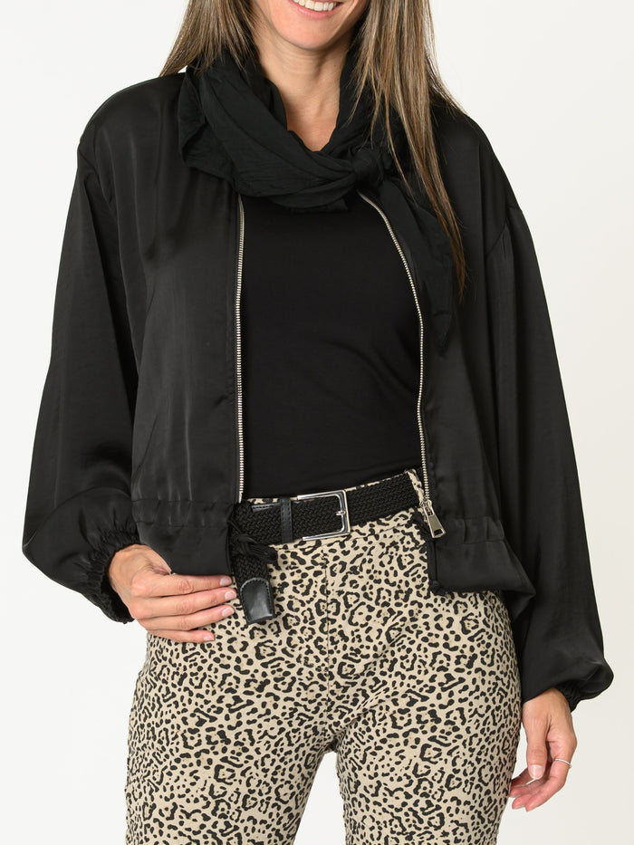Veste bomber pour femme noire avec glissière et poignets côtelés