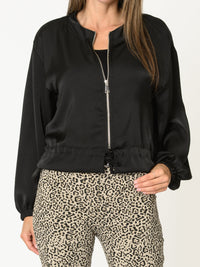 Veste bomber pour femme noire avec glissière et poignets côtelés