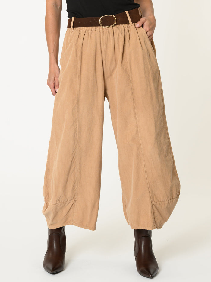 Pantalon beige pour femme ample avec ceinture et taille élastique