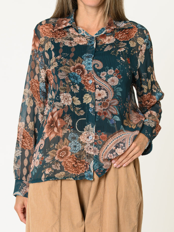 Chemise bleu sarcelle pour femme fleurie en mousseline boutonnée