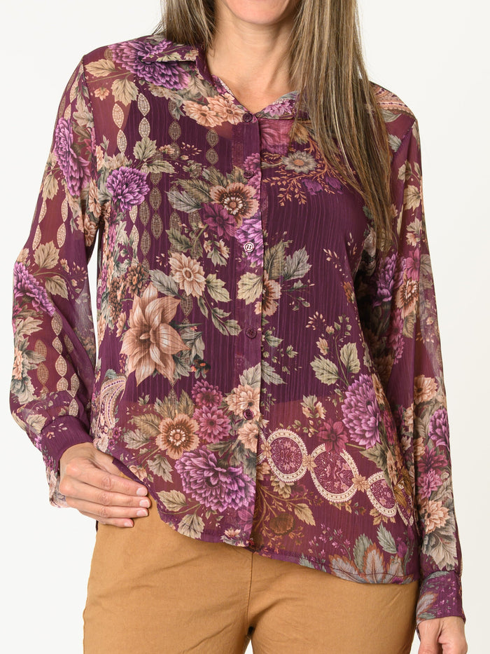 Chemise mauve pour femme fleurie en mousseline légère