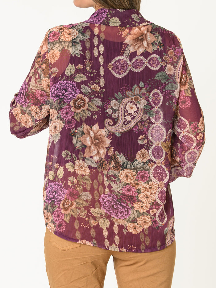 Chemise mauve pour femme fleurie en mousseline légère