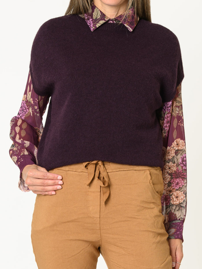 Chandail aubergine pour femme en tricot à manche courte