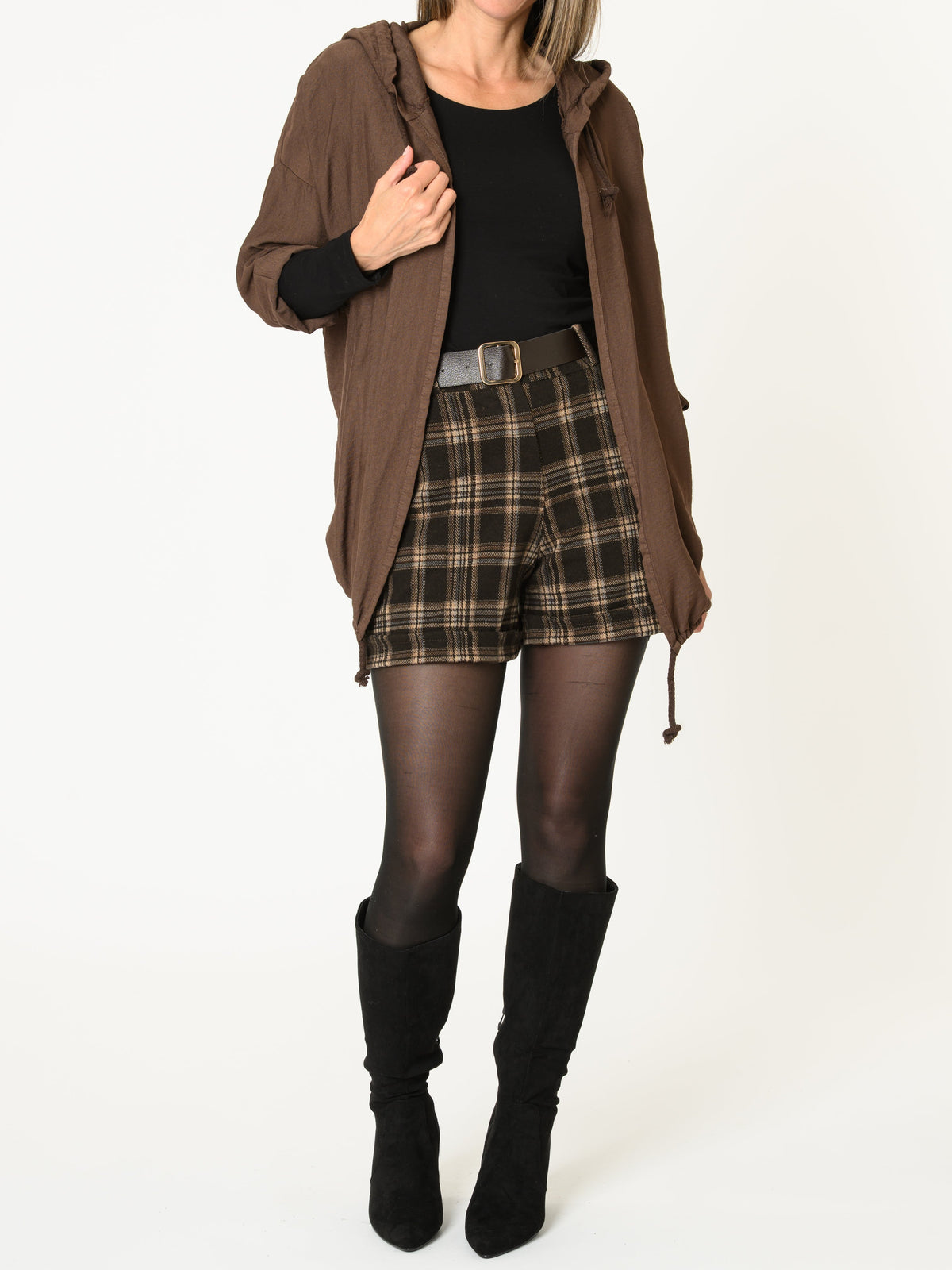 Veste brune pour femme à capuchon légère avec cordon au bas