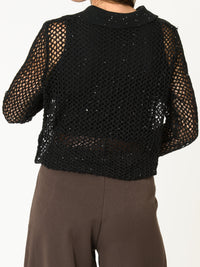 Chandail noir pour femme ajouré en filet avec col polo