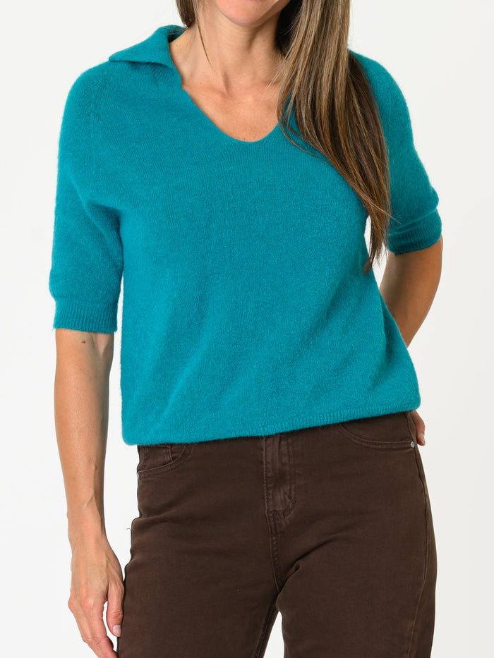 Chandail turquoise pour femme en tricot avec col polo ouvert