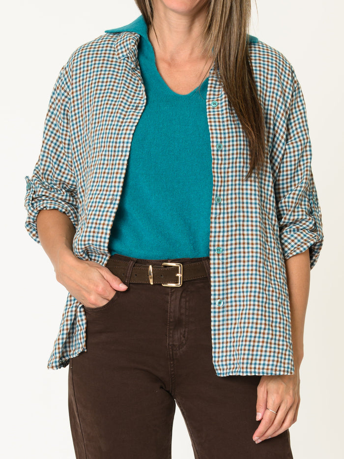 Chemise pour femme à carreaux bleus ample avec manche retroussable