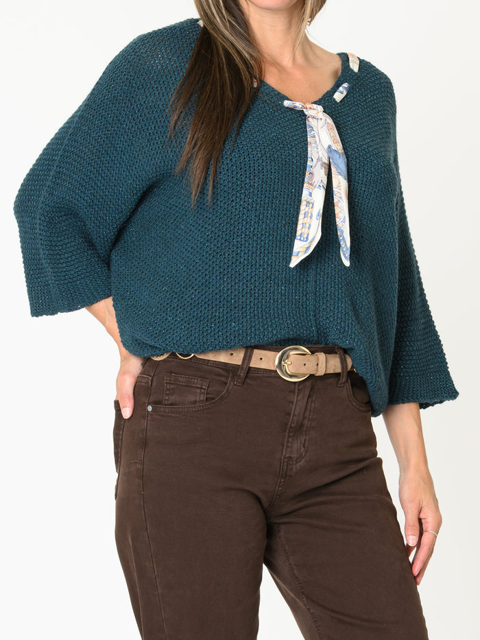 Chandail vert pour femme sarcelle ajouré avec foulard amovible