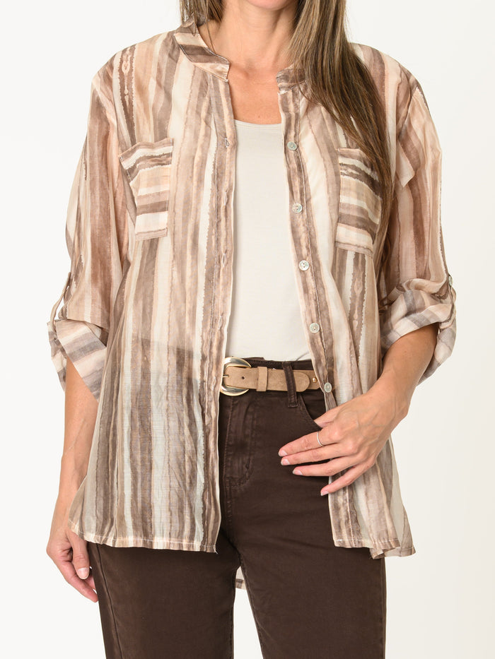 Chemise rayée pour femme beige nouée avec manche retroussable