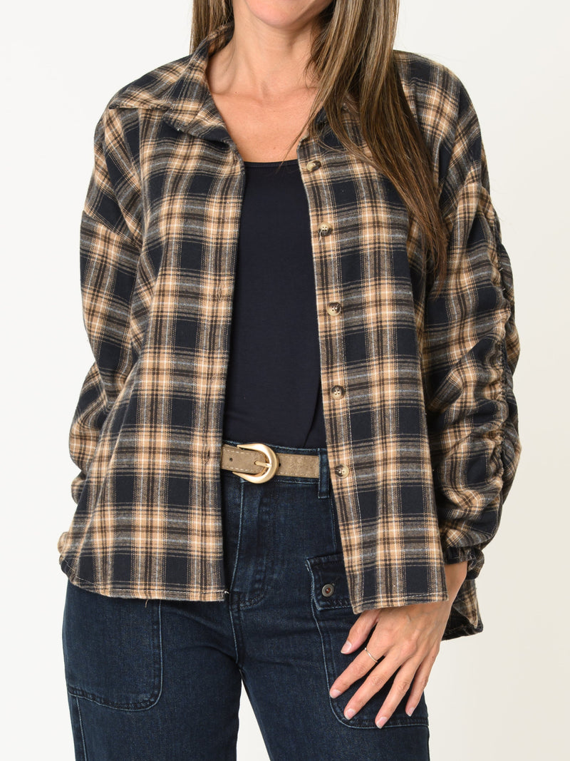 Chemise pour femme à carreaux brun et camel coupe ample