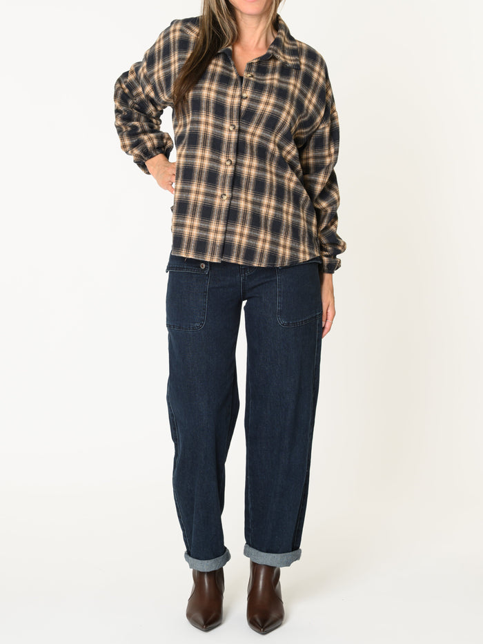 Chemise pour femme à carreaux brun et camel coupe ample