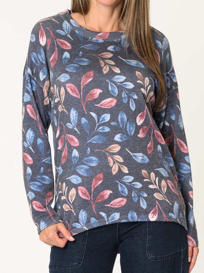 Chandail bleu pour femme imprimé de feuilles avec manche 3/4