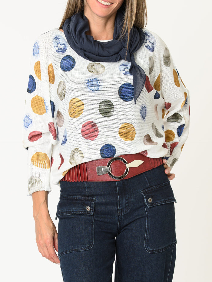Chandail blanc pour femme à manche longue imprimé de pois