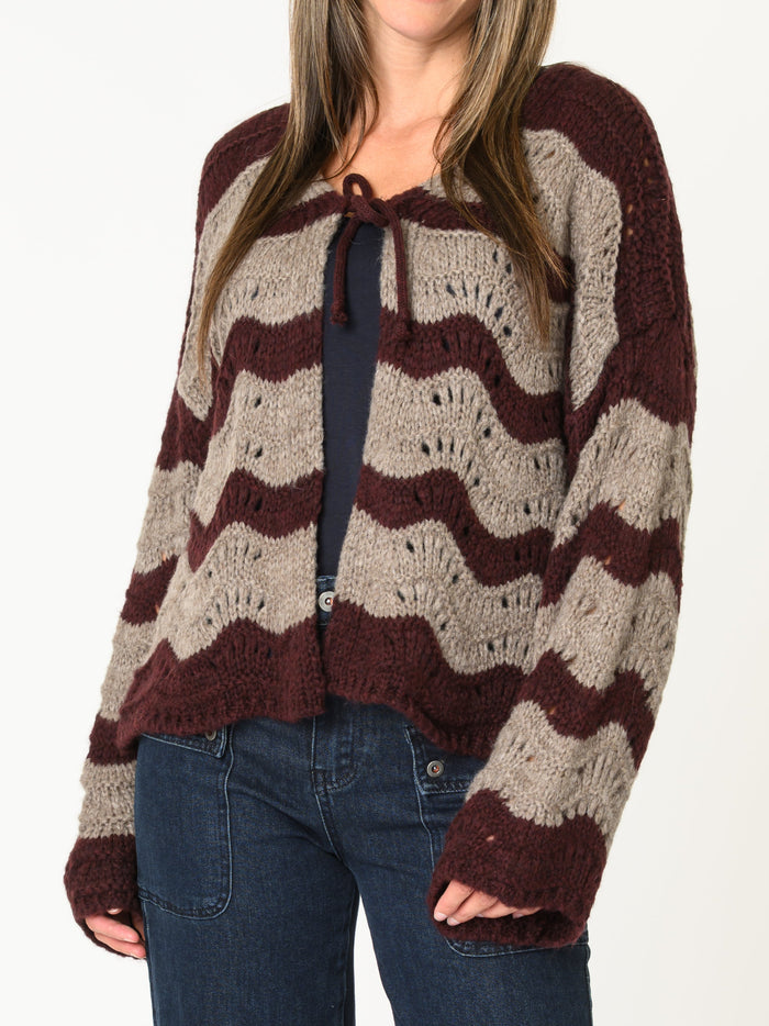 Cardigan bourgogne pour femme et beige en tricot ajouré