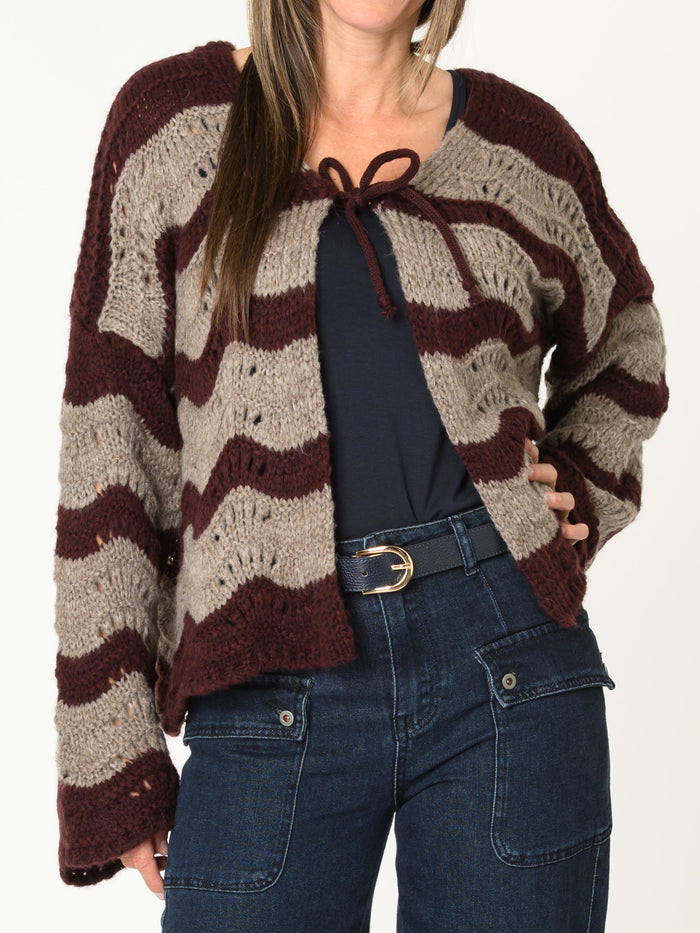 Cardigan bourgogne pour femme et beige en tricot ajouré