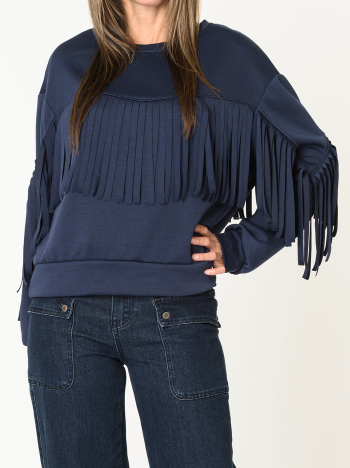 Chandail bleu pour femme ardoise avec franges aux manches