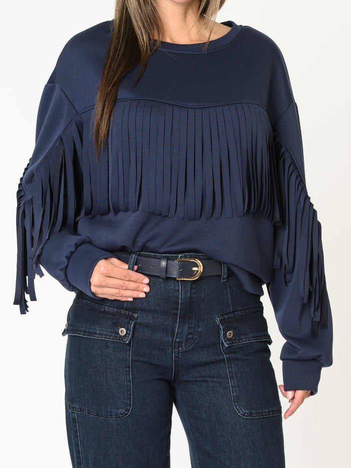 Chandail bleu pour femme ardoise avec franges aux manches